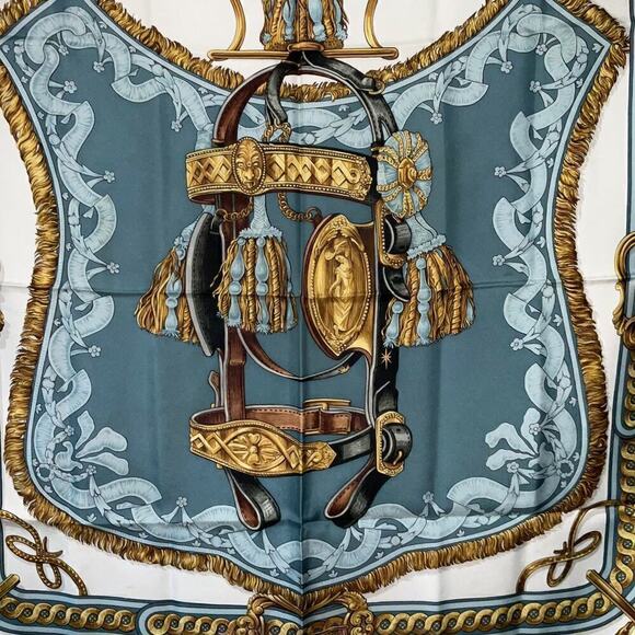 Hermes  Bride de Cour Brown, Blue, White, and Gold 100% Silk Scarf 90cm Square - Picture 11 of 16